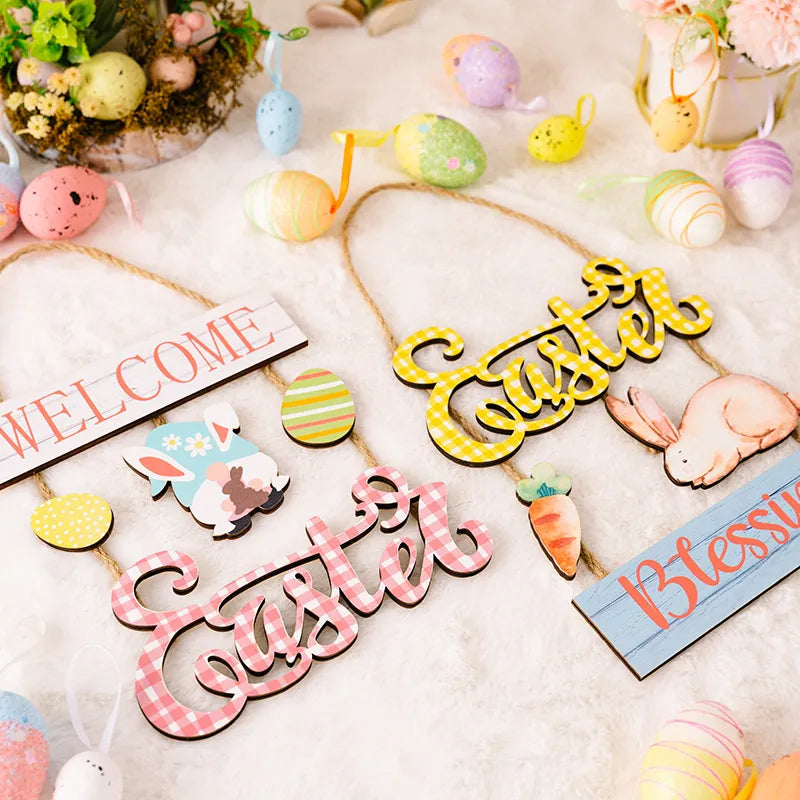 Easter decoration supplies Easter grid letter wooden pendant cartoon Easter egg rabbit pendant