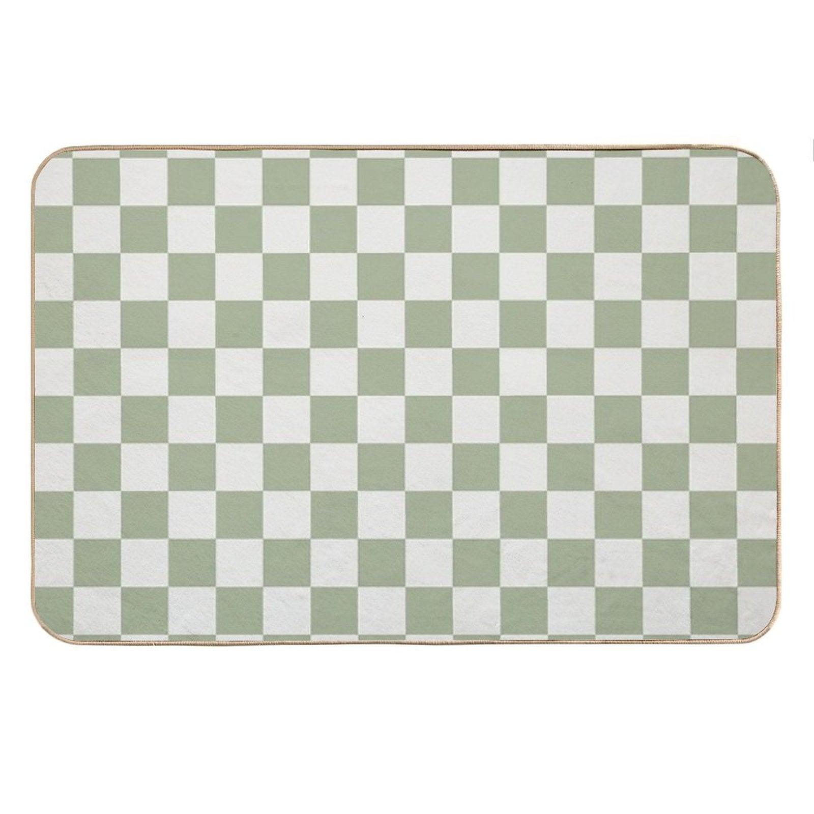 Checkerboard Mini Check Pattern in Sage Green And Off White Bath Mat
