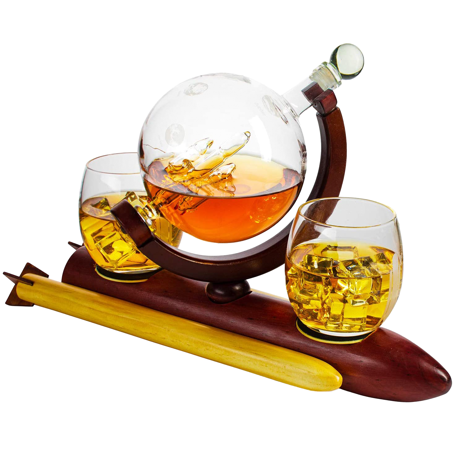Rocket Whiskey Decanter Set, Solar System With Planets Globe Decanter