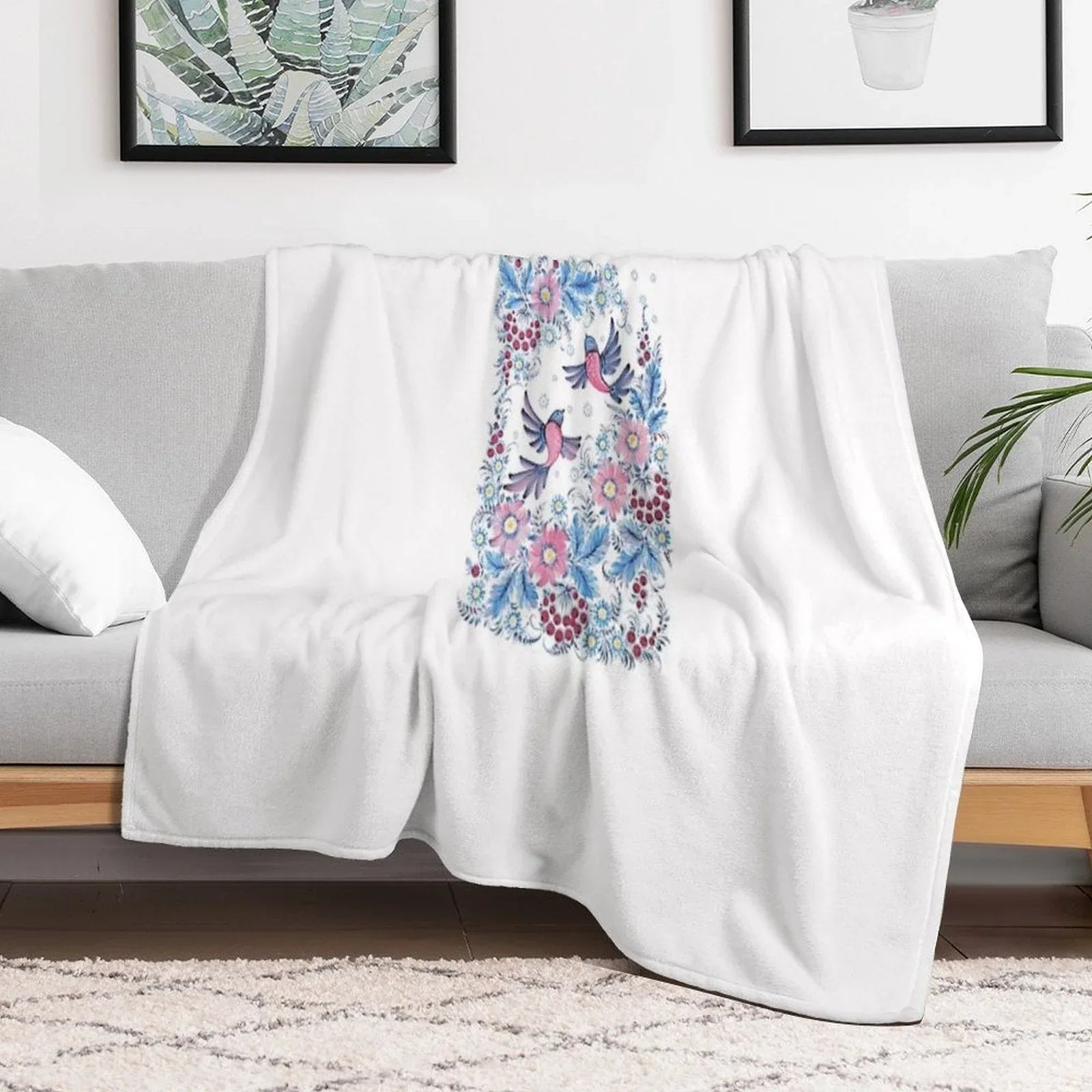 Lovebirds in Petrykivka Floral Garden Throw Blanket
