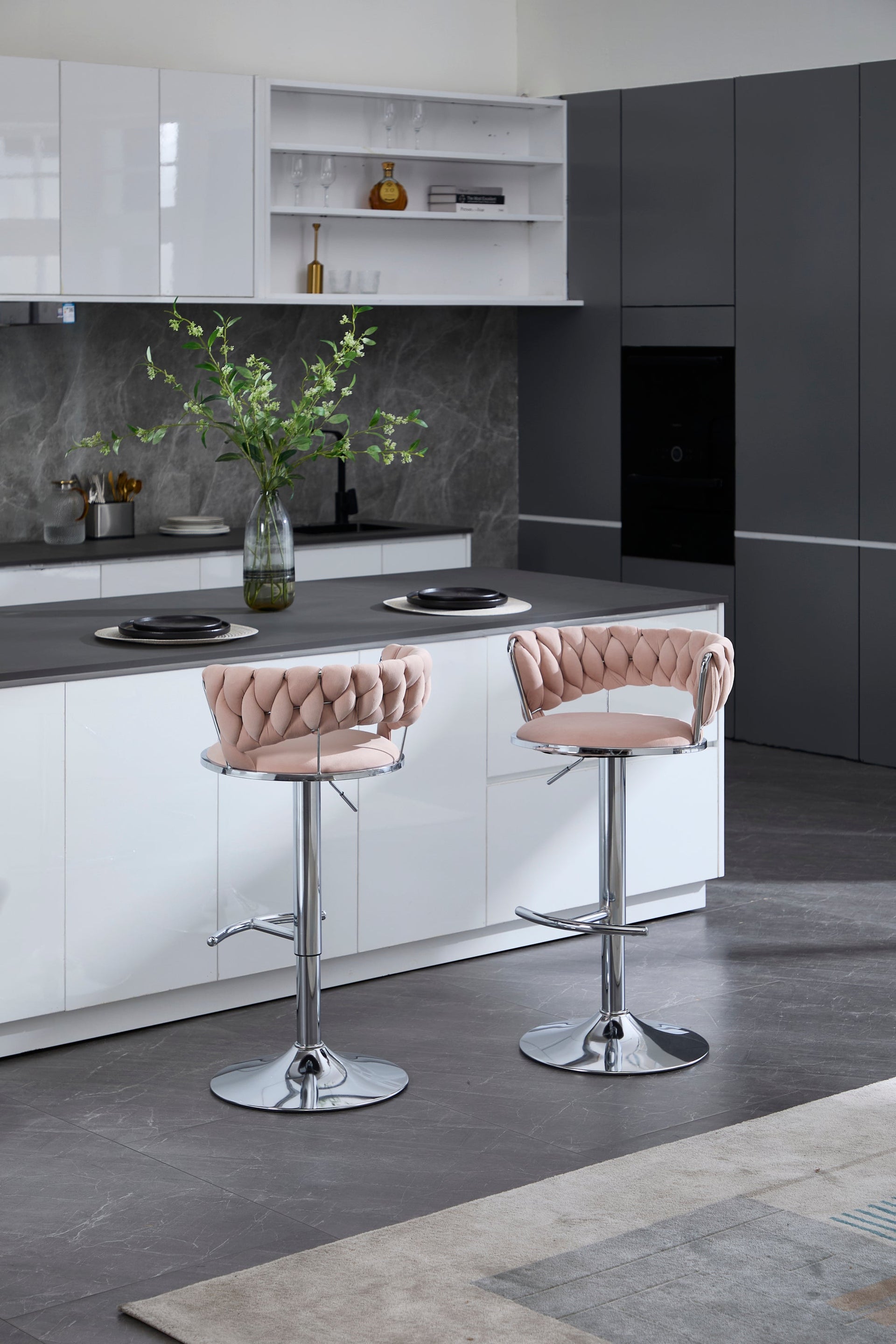 Set of 2 Bar Stools with Chrome Footrest & Base Swivel Height Adjustable Velvet