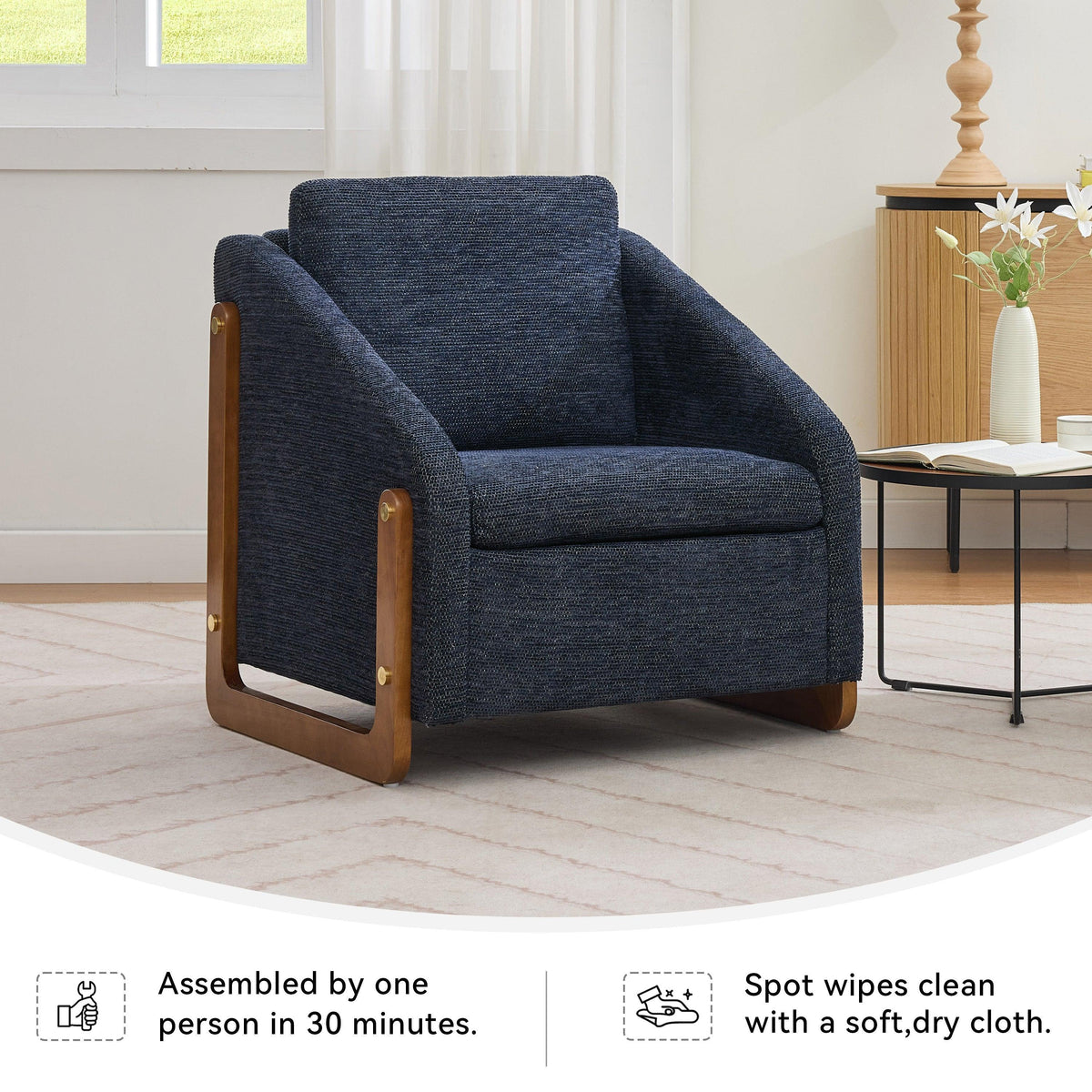 Modern Chenille Upholstered Armchair with Wooden Side Frame in Blue