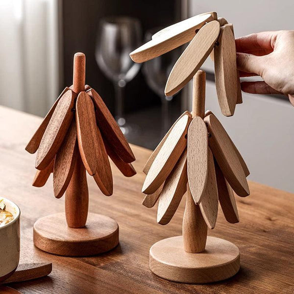 Wooden Christmas Tree Folding Coaster Black Walnut Thick Seat Adiabatic Pad For Kitchen Desktop Decoration Housewarming Gift