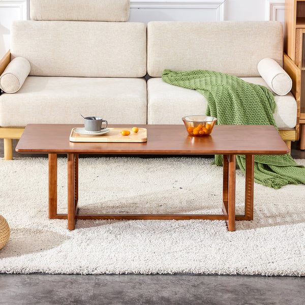 Natural Rubberwood and Solid Wood Coffee Table with Rattan Weave, Modern Minimalist
