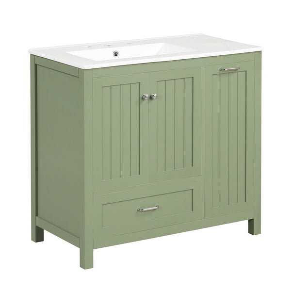 36 inch bathroom vanity with sink, one double door cabinet one large drawer and one flip drawer solid wood and MDF board, green