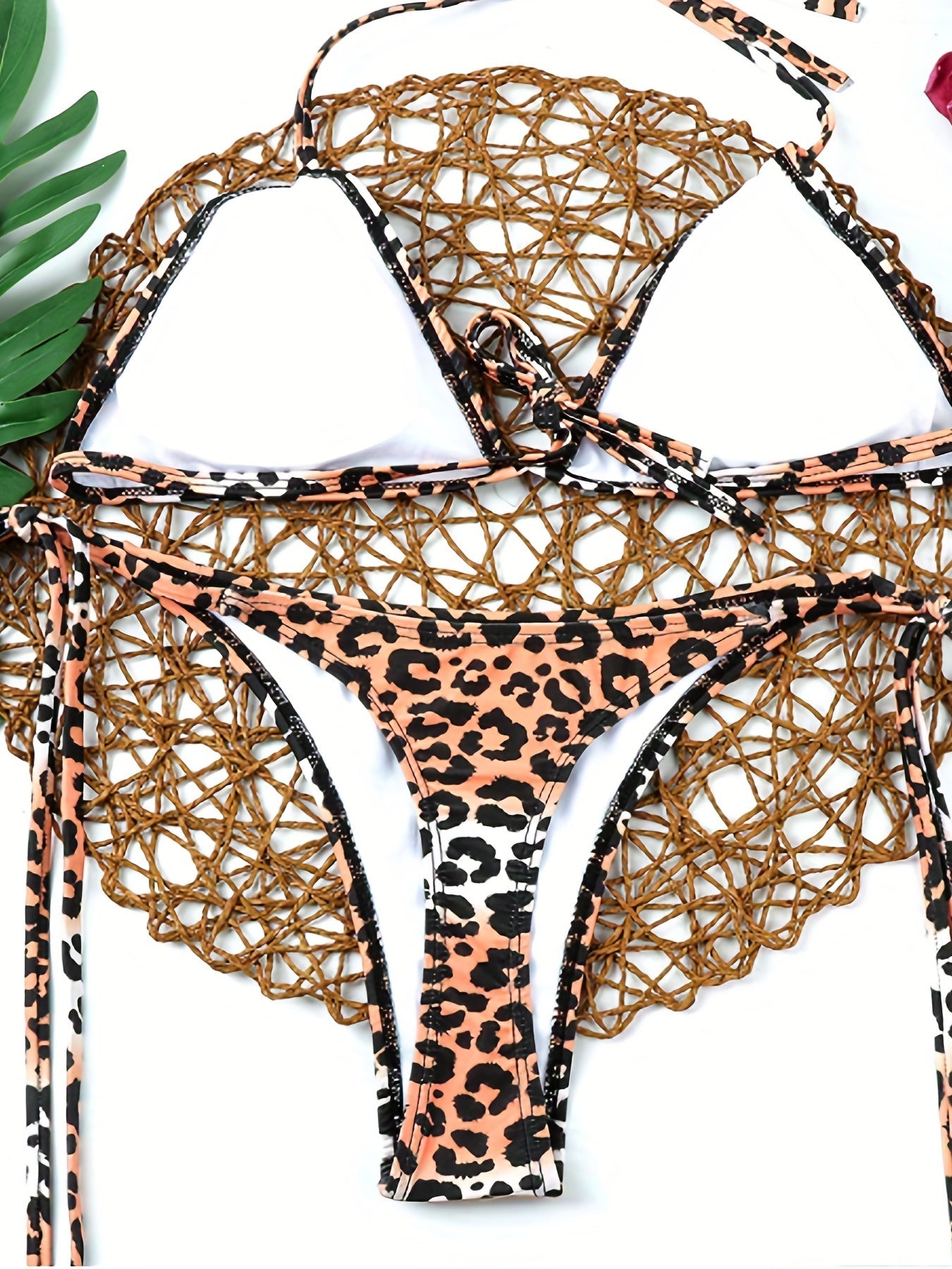 Bikini Leopard Print 2 Piece Swimsuit for Women – High Cut Lace-Up Backless Flattering Bikini Set with Halter Spaghetti Strap – Stretchy Sexy and Stylish Swimwear for Pool Beach and Summer Vacation