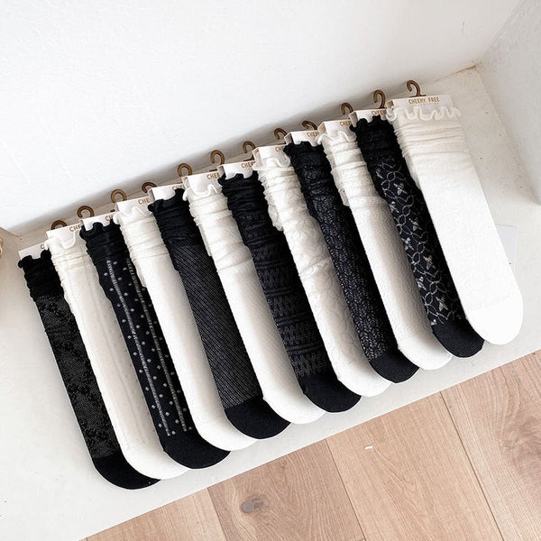 1 pair of socks for women summer thin black middle tube socks Japanese lace ballet style socks mesh breathable pile socks - Gifts for You 'n Me