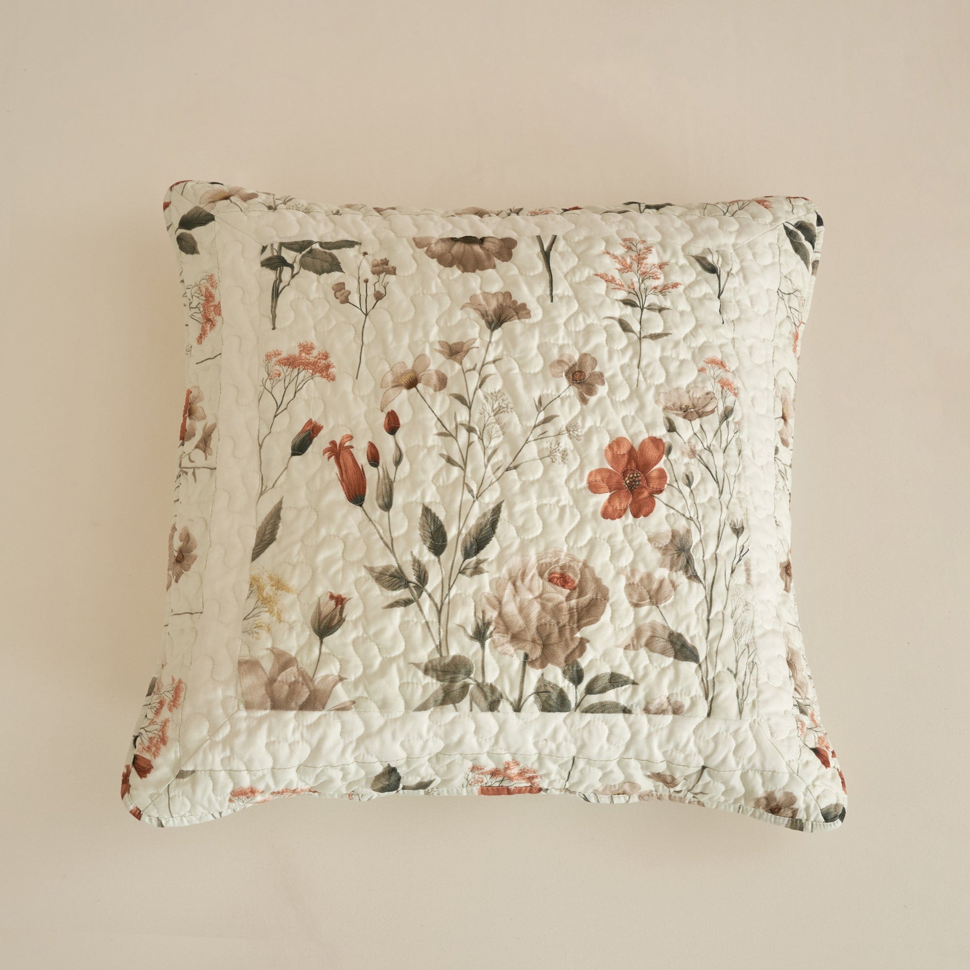 Enchanted Meadow Throw Pillow Euro Cover - Zippered Floral Design in Beige, Rose, and Soft Green, Premium Soft Microfiber, Euro Sham in 26x26 Inches (26