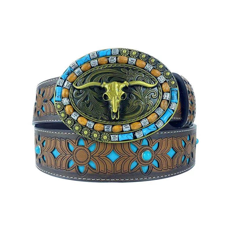 TOPACC Western Turquoise Belts - Oval Turquoise Longhorn Buckle Copper/Bronze - Gifts for You 'n Me