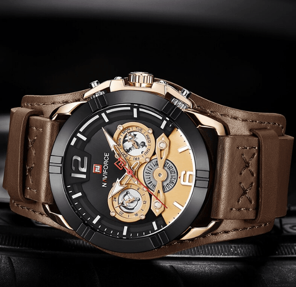 Men's Leather Waterproof Watch With Chronometers And Fluorescent Hands Excellent Design Perfect Gift