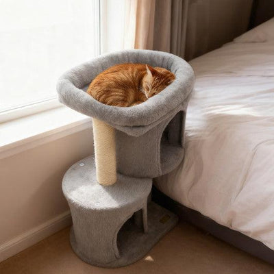 26 Inch Cat Tower with Large Padded Push Perch and Dual Condos-Light Gray