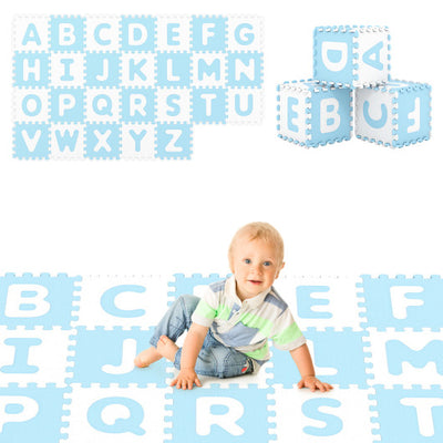 26 Pieces Interlocking ABC Play Mats with Detachable Letters-Blue