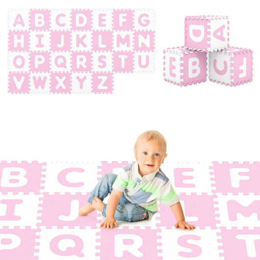 26 Pieces Interlocking ABC Play Mats with Detachable Letters-Pink