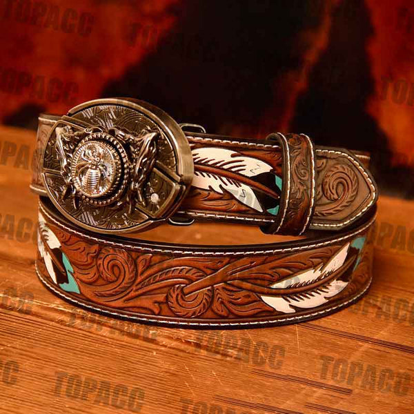 Waist 42-46 inch Western Leather Feather Belt - Block Buckle