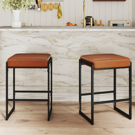 26 inch Bar Stools Set of 2 Counter Height Barstools with Faux Leather Upholstered Seat-Brown