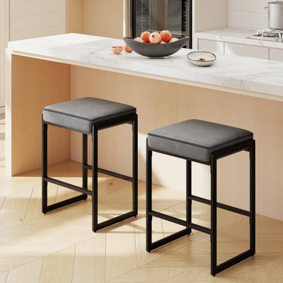 26 inch Bar Stools Set of 2 Counter Height Barstools with Faux Leather Upholstered Seat-Gray