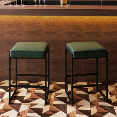26 inch Bar Stools Set of 2 Counter Height Barstools with Faux Leather Upholstered Seat-Green