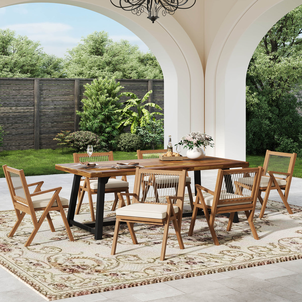 7-Piece Outdoor Acacia Wood Dining Set with Rope-Woven Armchairs