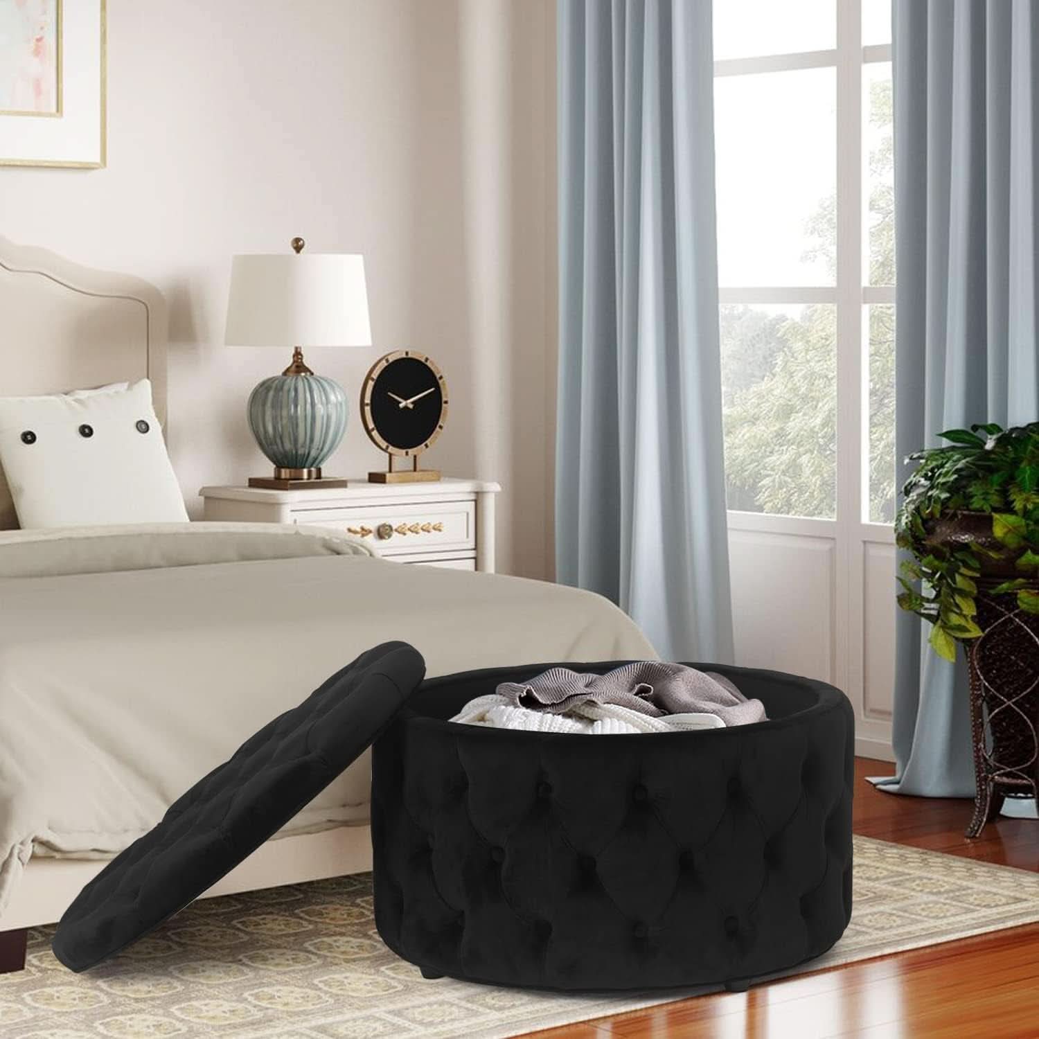 Twenty EightInch Velvety Round Storage Ottoman Black Tufted