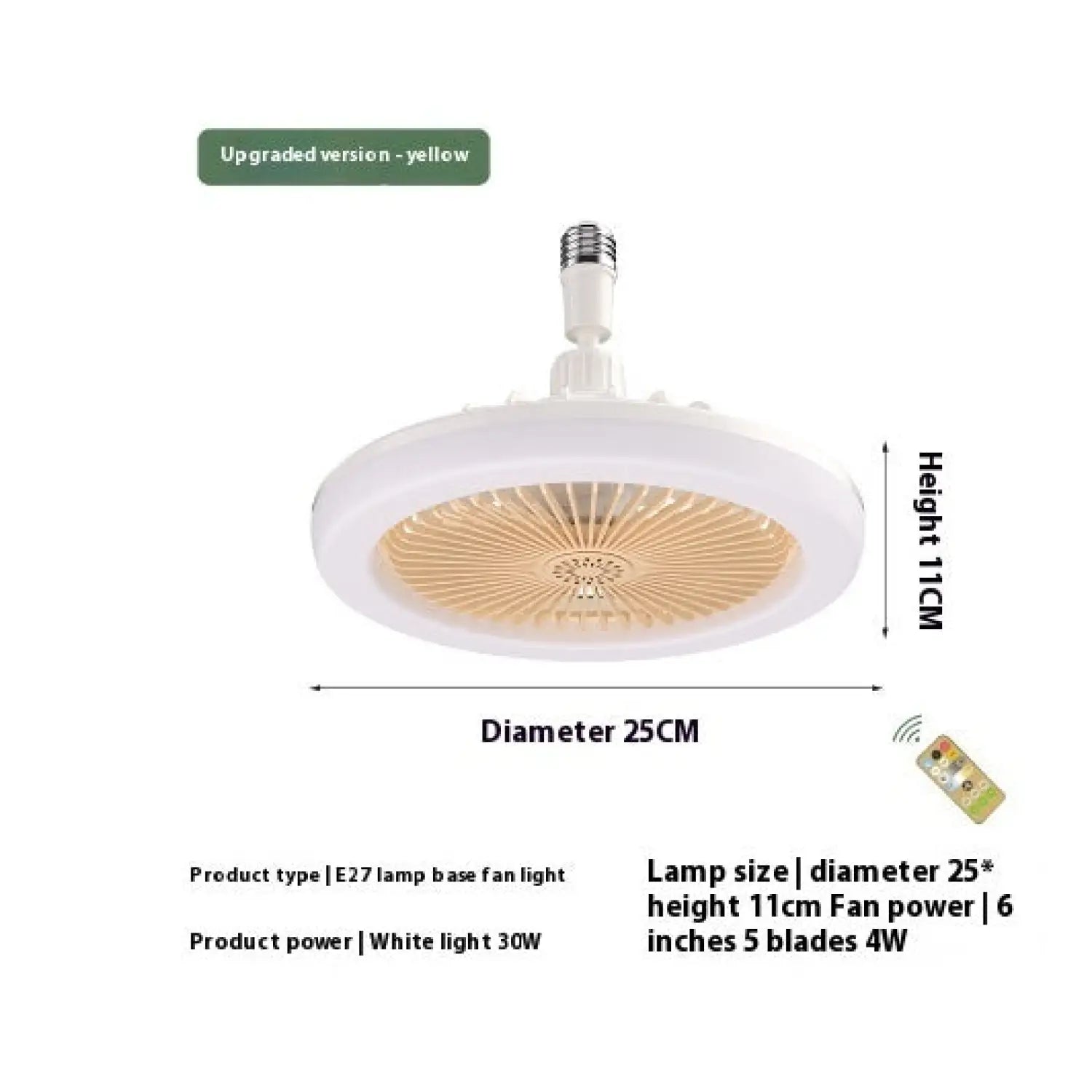 26CM Remote Control LED Light and Fan - Ceiling Fan with E27 Lamp