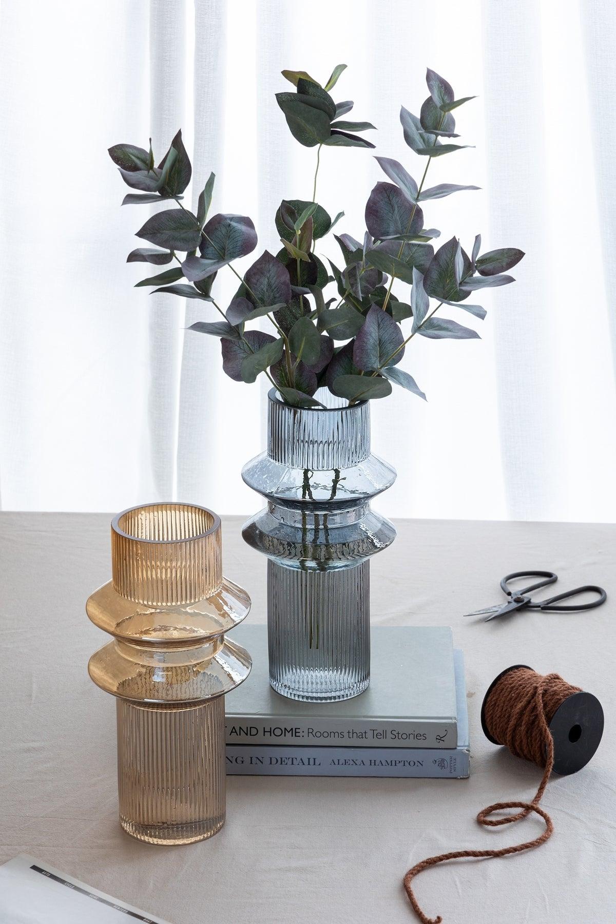 Set of 2 Blue Smoked  Modern Geometric Glass Vase