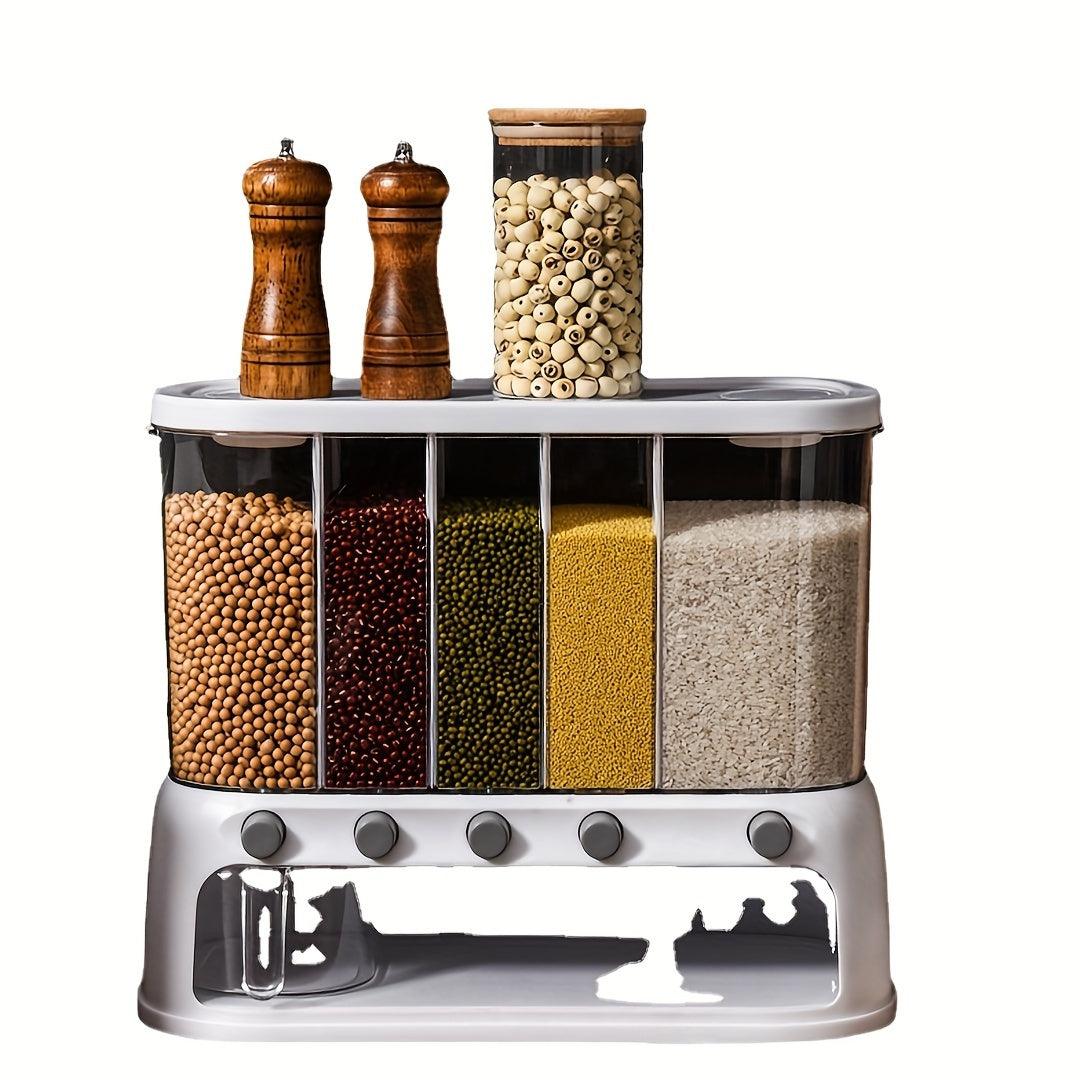 5 Compartment Grain Storage Container Airtight Rice Dispenser Bin