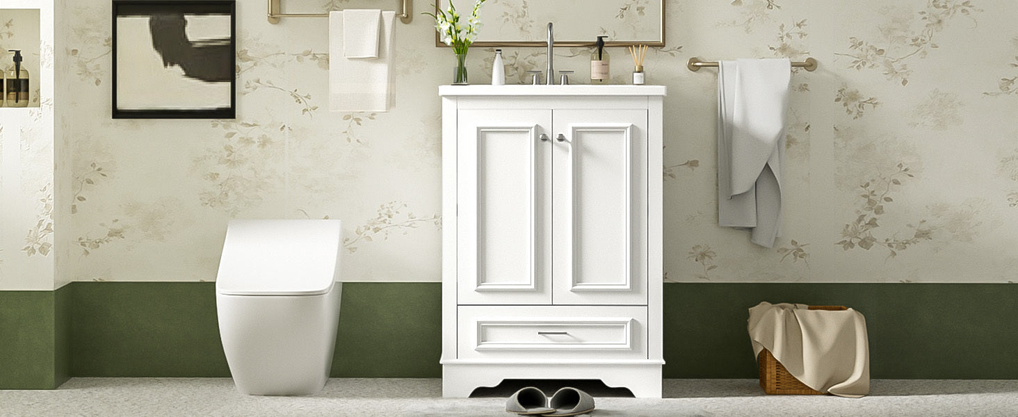 Bathroom Vanity with Ceramic Sink and Modern Freestanding Storage Cabinet, Soft-Close Doors