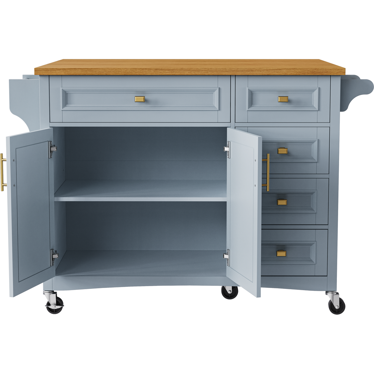 K&K 52'' Kitchen Island with Drop Leaf, Embossed Texture Kitchen Island on Wheels with Spice Rack, Towel Rack, 2 Doors and 5 Drawers, Kitchen Storage Cart with Adjustable Shelf for Kitchen, Blue Grey