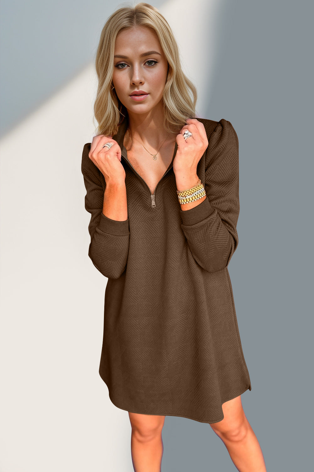 Double Take Textured Zip Long Sleeve Dress Classic Zip-Up Dress for Women Comfortable Outdoor Dress