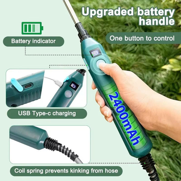 2400mAh Portable Electric Sprayer Wand. 3 nozzles, high - pressure, for garden plant watering.