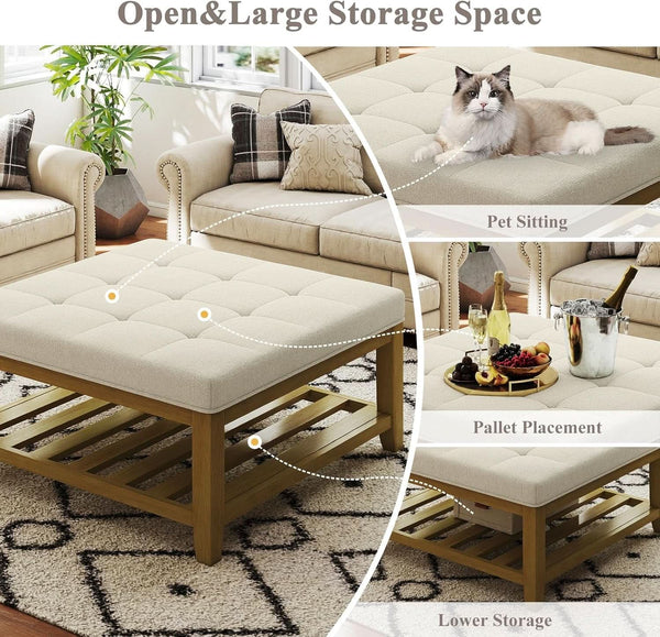 Oversized Ivory Upholstered Ottoman With Wooden Shelf