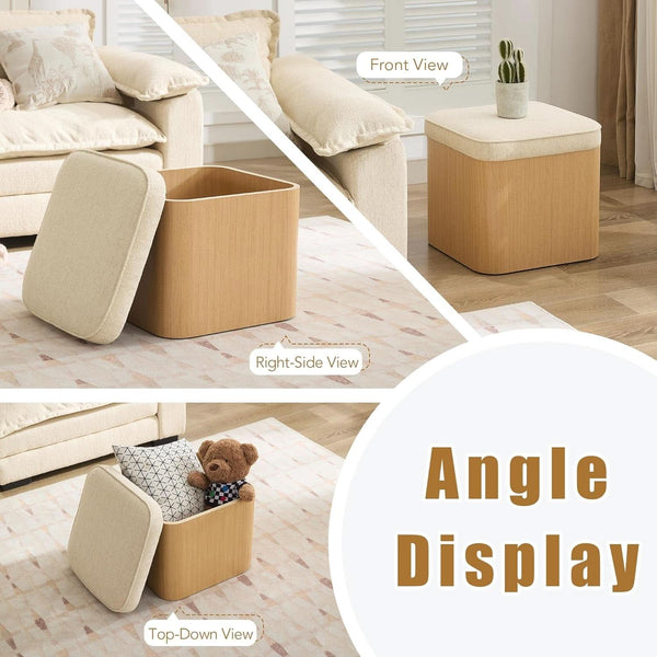 Beige Linen Upholstered Storage Ottoman With Footrest
