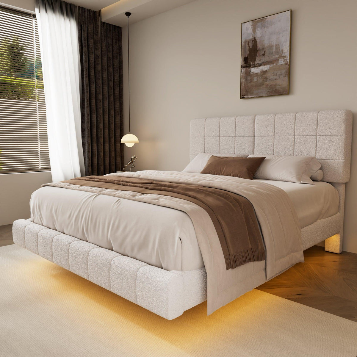 White  Boucle Floating Bed with Light,Queen