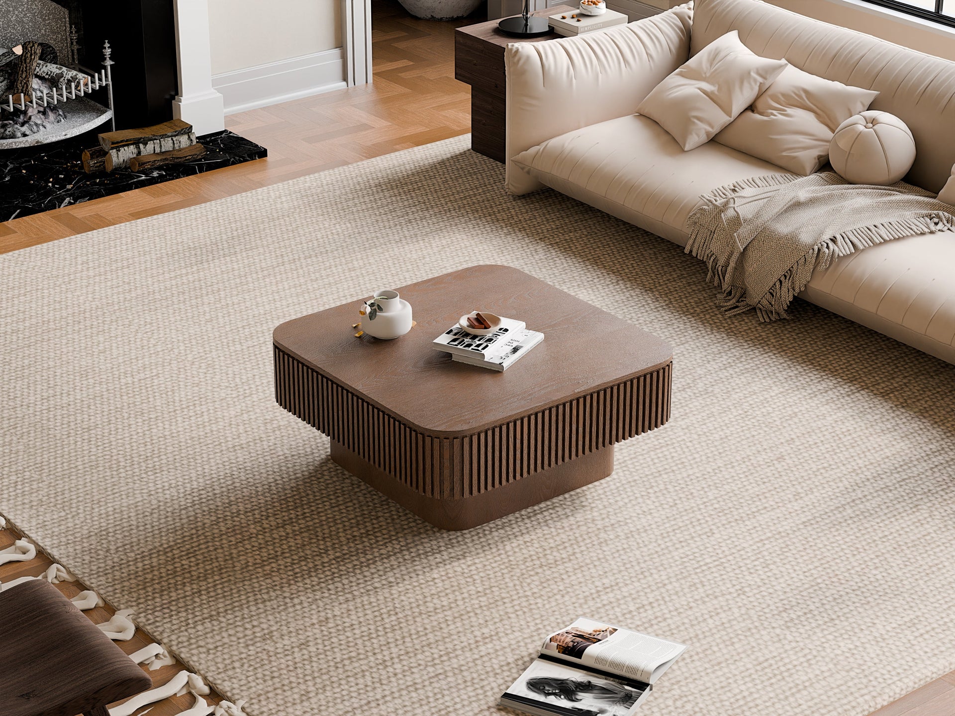 Walnut Square Modern Coffee Table with Hidden Storage