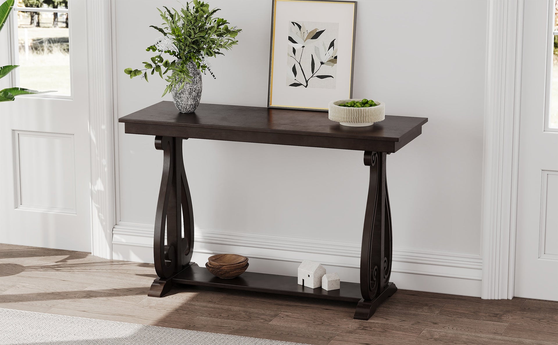 48-Inch Rustic Vintage Console Table --- Farmhouse Style Entryway Table with Open Shelf and Sturdy Construction  (Espresso)