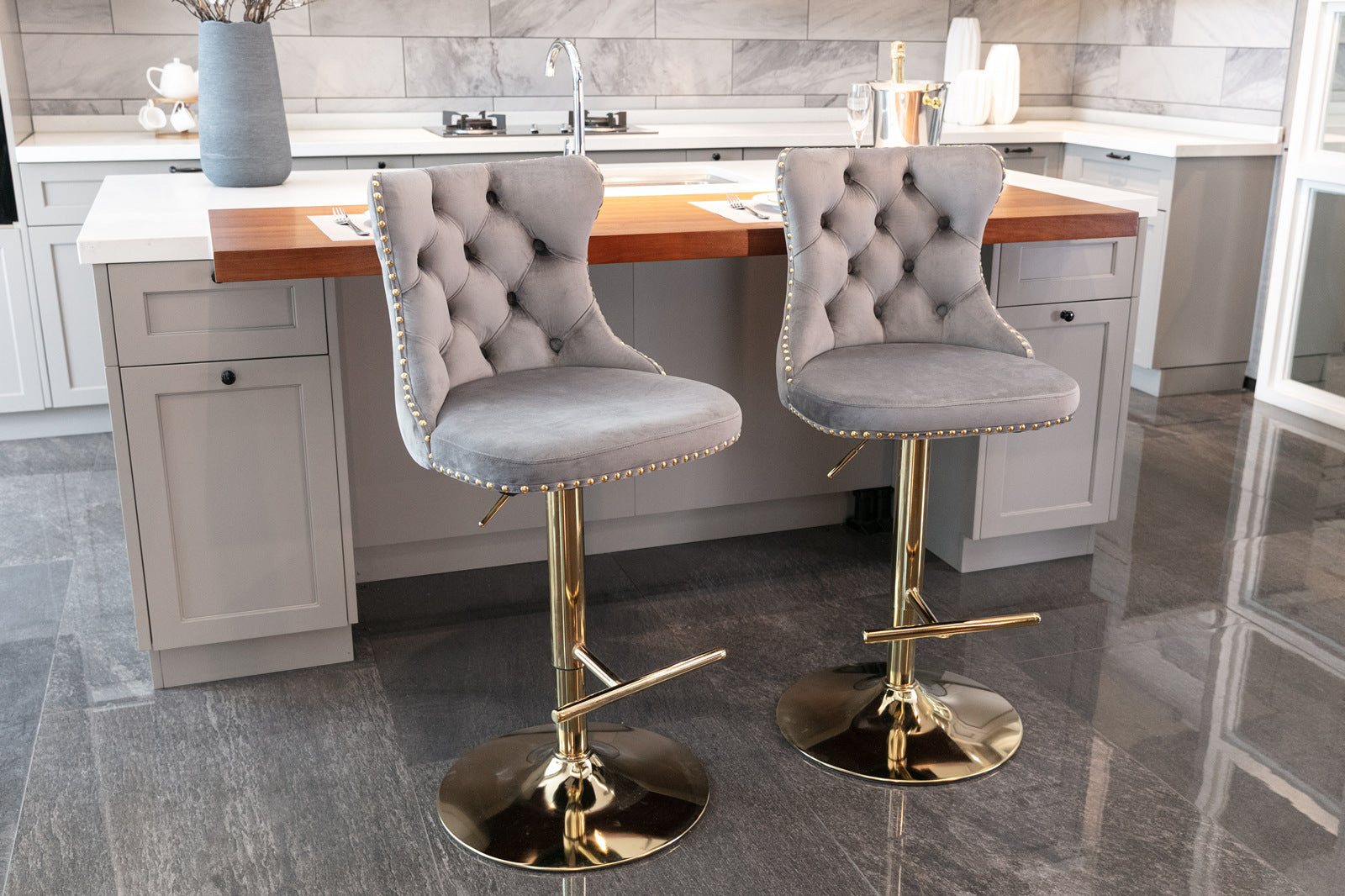 Golden Swivel Velvet Adjustable Barstools with Backs Upholstered Tufted for Home Pub