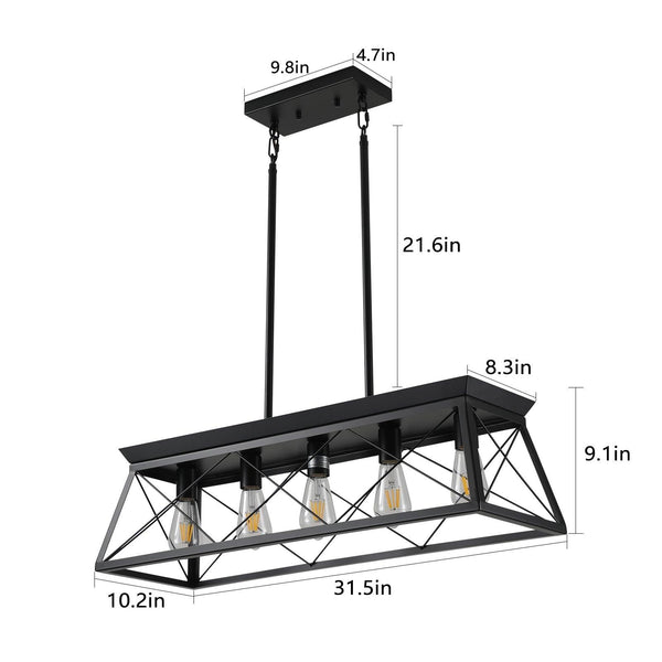5-light farmhouse pendant light, metal pendant light island fixture, modern rectangular island light, pure black (no bulb)
