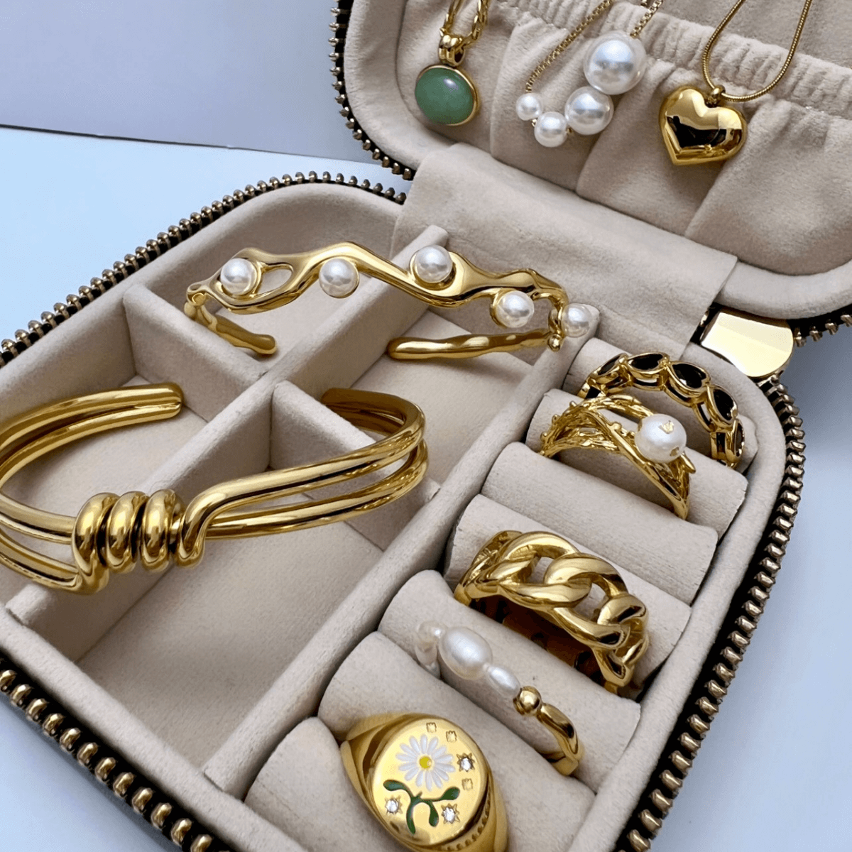 Gold Pearl Open Bangle Bracelet