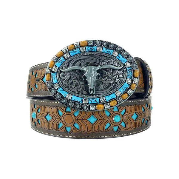 TOPACC Western Turquoise Belts - Oval Turquoise Longhorn Buckle Copper/Bronze - Gifts for You 'n Me