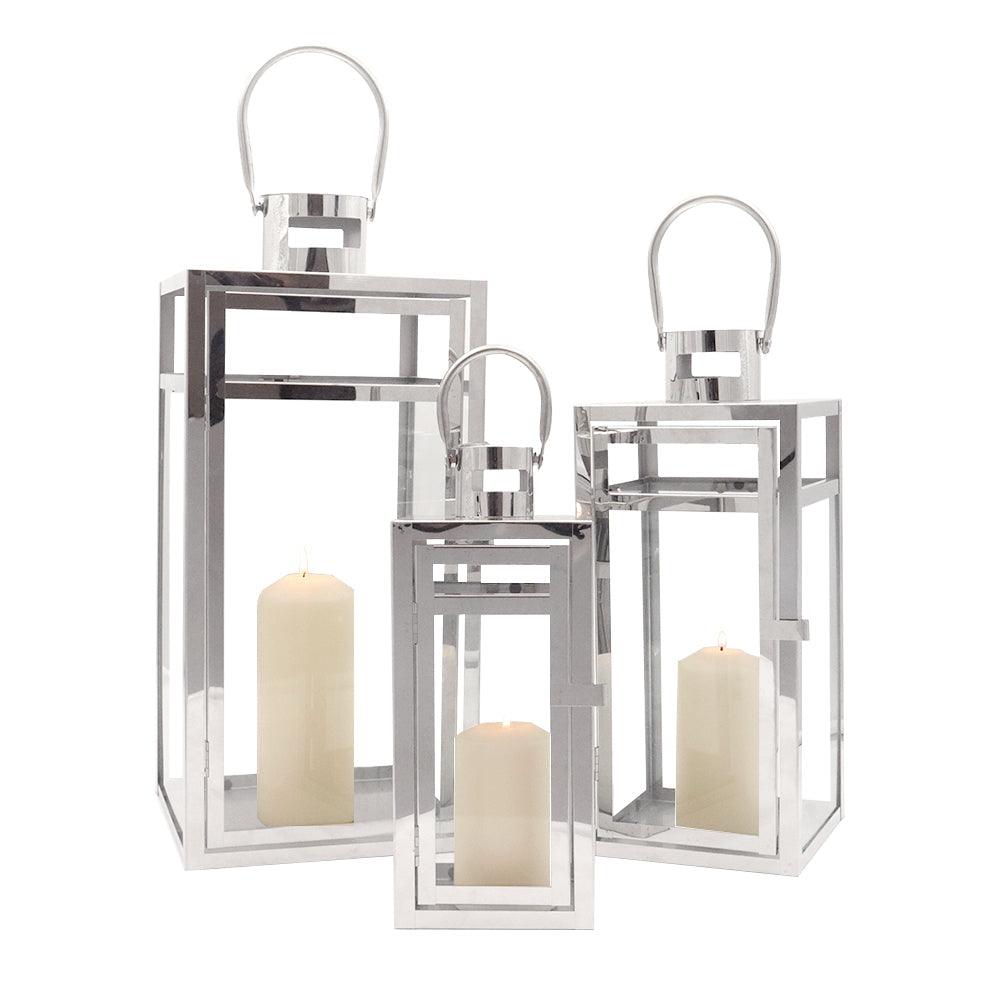 19''&15''&12'' H Stainless Steel Metal Candle Lantern  Candle Holder with Clear Glass Panels(Set of 3)