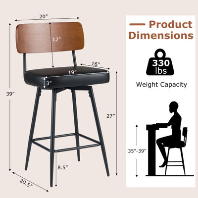 27 Inch Padded Counter Barstools Set of 2 with Metal Legs-Black