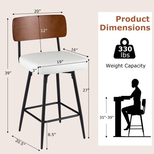 27 Inch Padded Counter Barstools Set of 2 with Metal Legs-White
