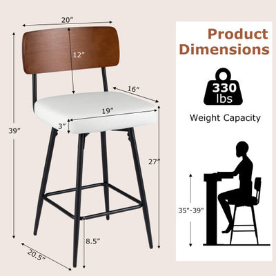 27 Inch Padded Counter Barstools Set of 2 with Metal Legs-White