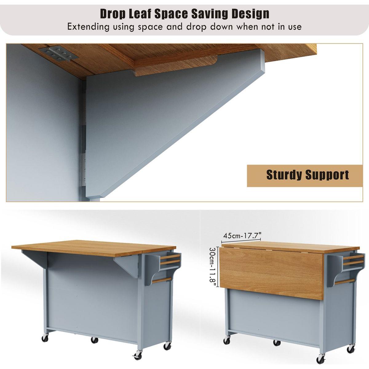 K&K 52'' Kitchen Island with Drop Leaf, Embossed Texture Kitchen Island on Wheels with Spice Rack, Towel Rack, 2 Doors and 5 Drawers, Kitchen Storage Cart with Adjustable Shelf for Kitchen, Blue Grey