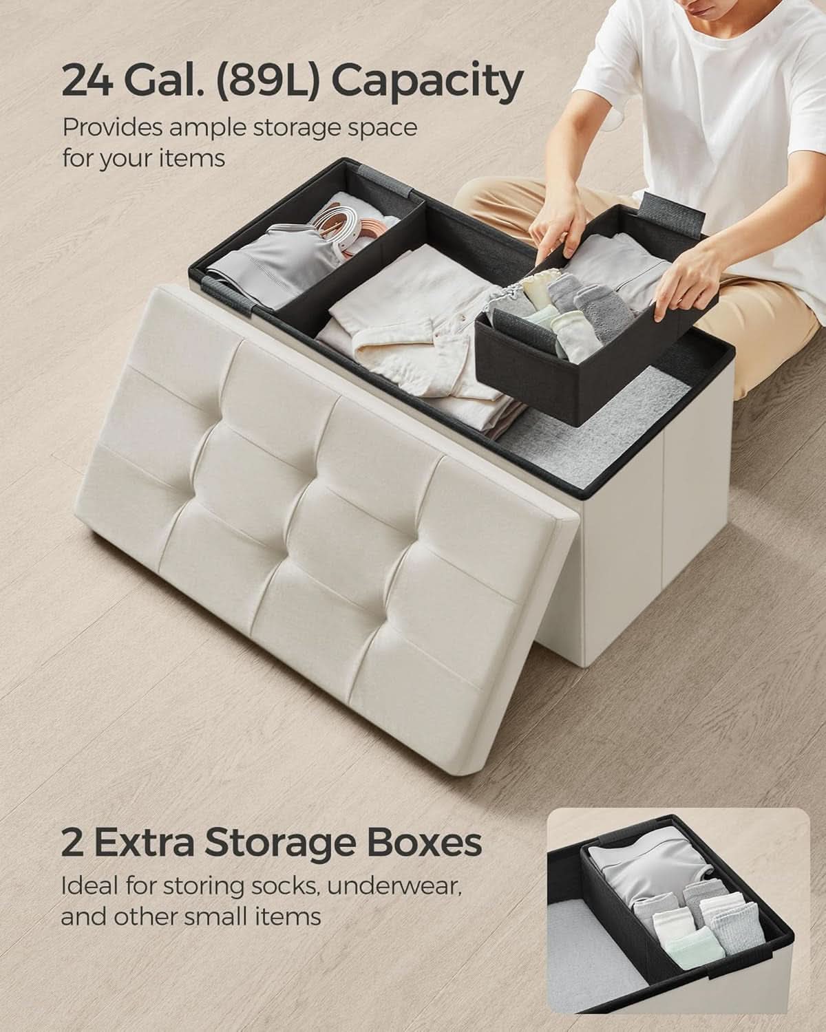 Cream White Foldable Storage Ottoman Bench 15x30x15