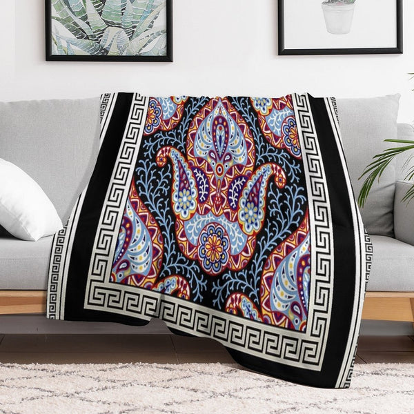 Greek Key Cream White Black Intricate Floral Gift-ready Throw Blanket