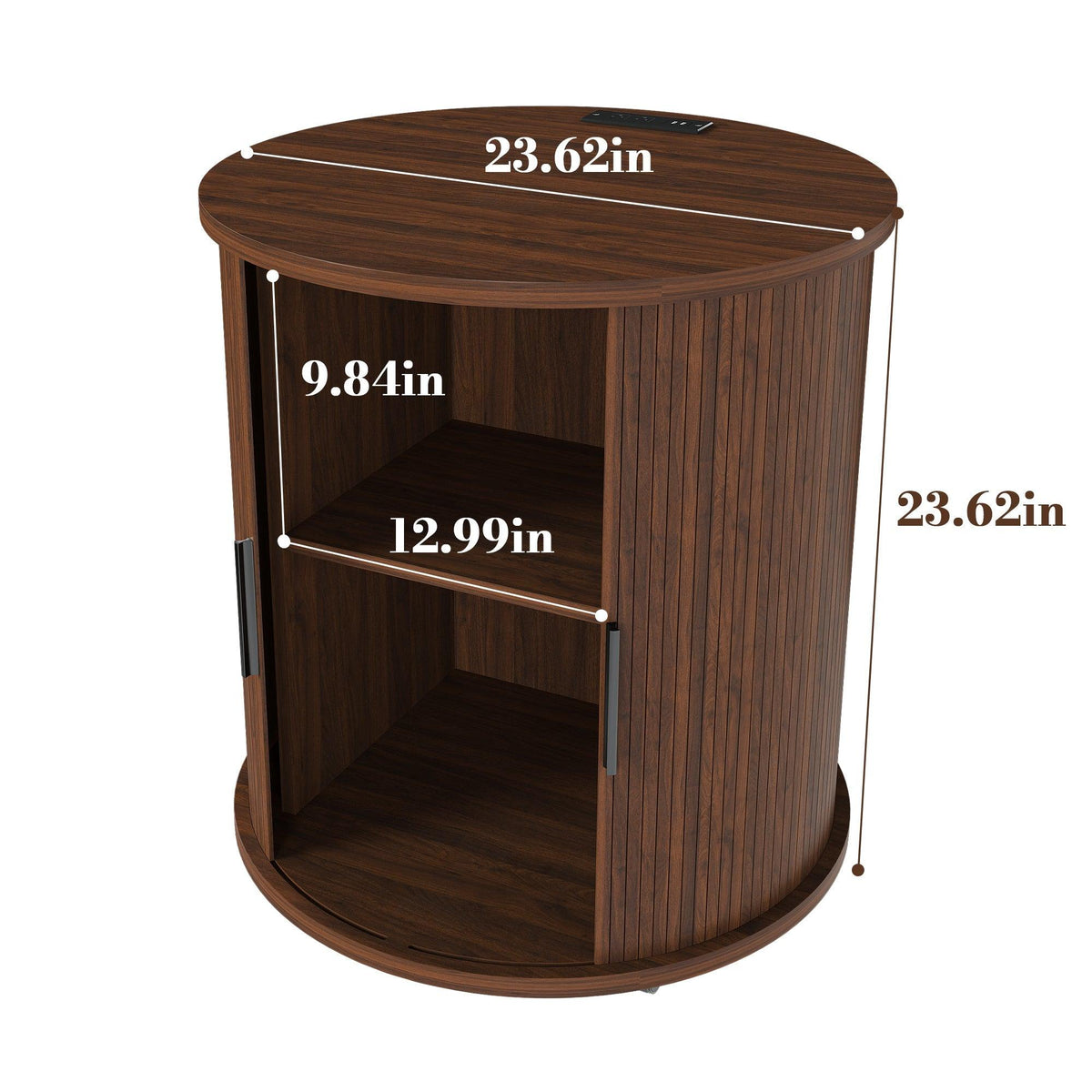 Walnut Mid-Century Modern Nightstand Set with Charging Station – Round Side Tables (Set of 2)