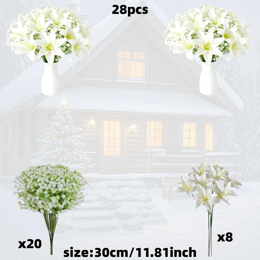 28 Piece Artificial White Lily and Babys Breath Flower Bouquet Set