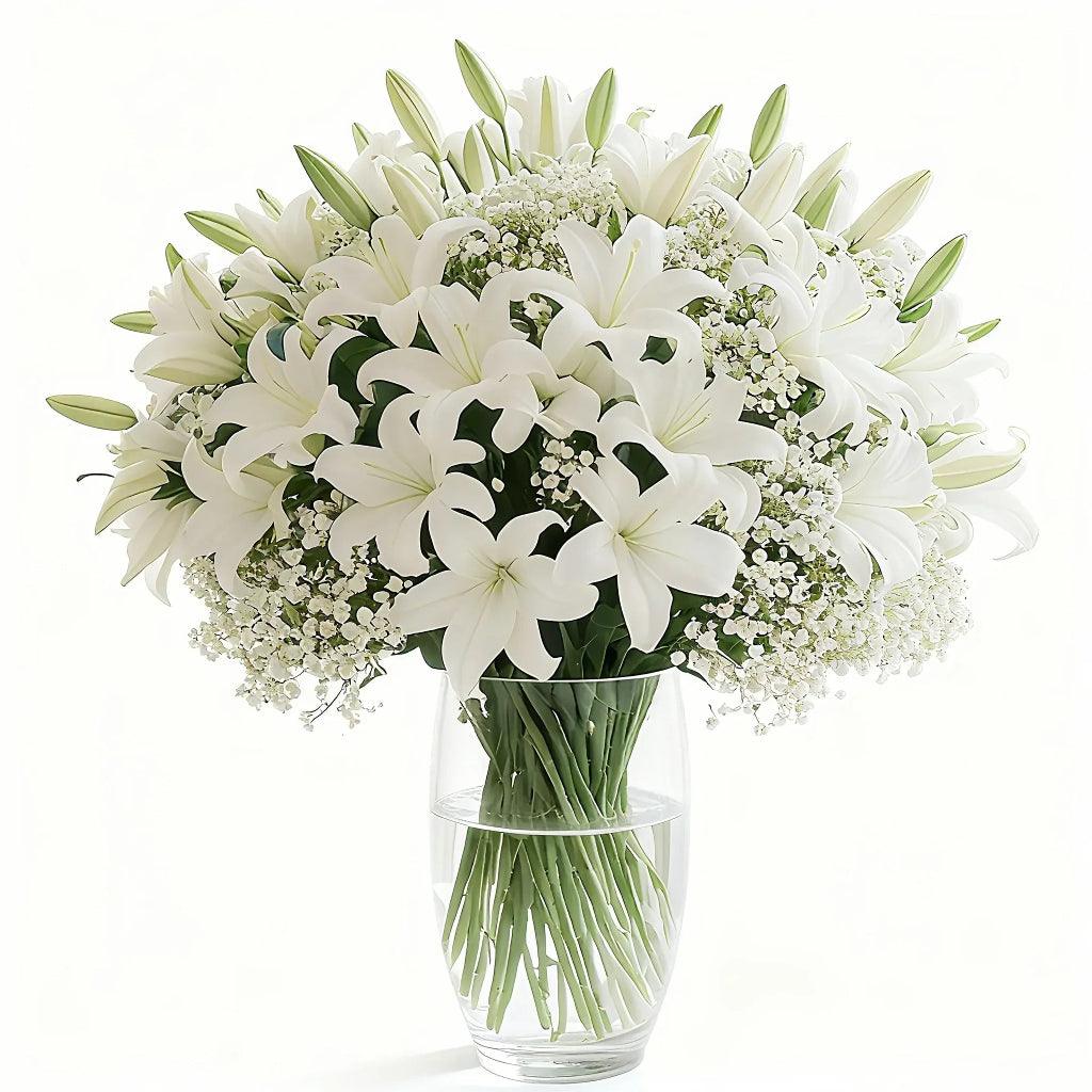 28 Piece Artificial White Lily and Babys Breath Flower Bouquet Set