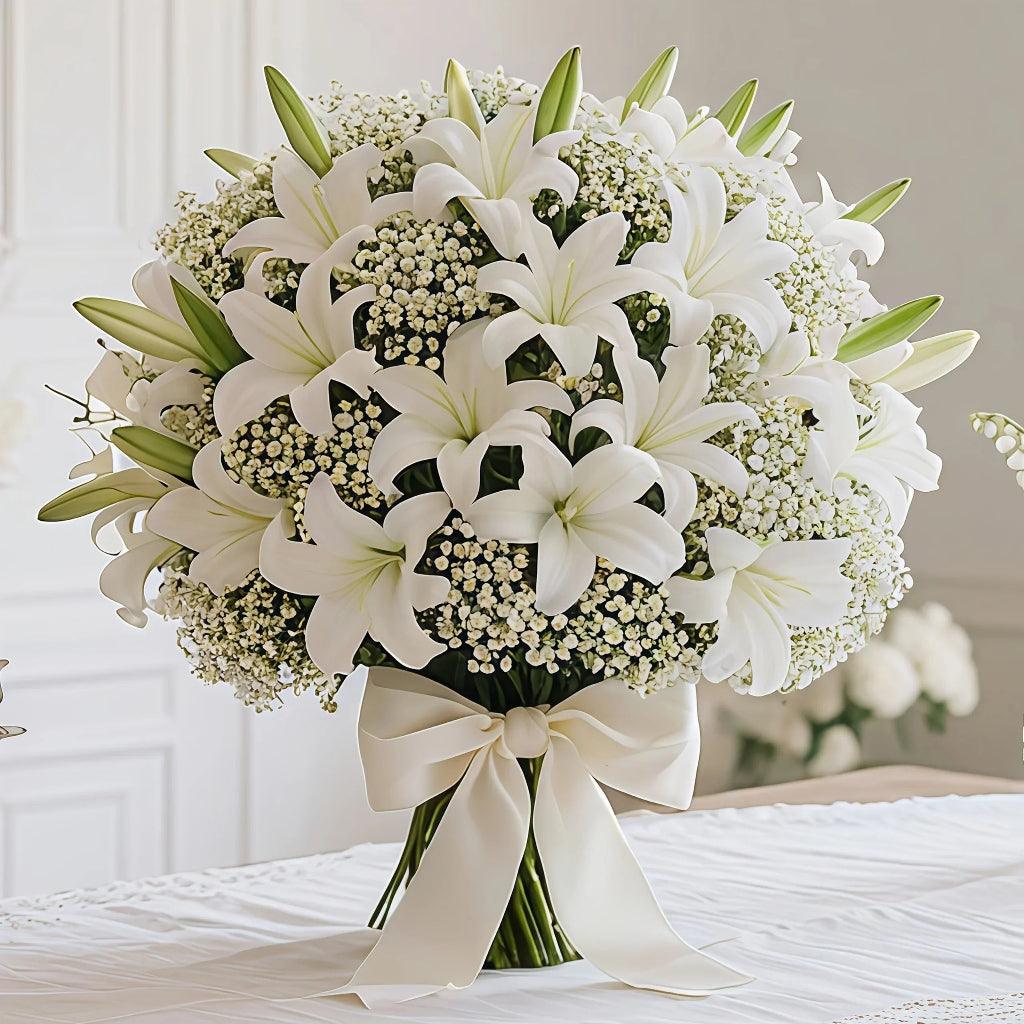 28 Piece Artificial White Lily and Babys Breath Flower Bouquet Set